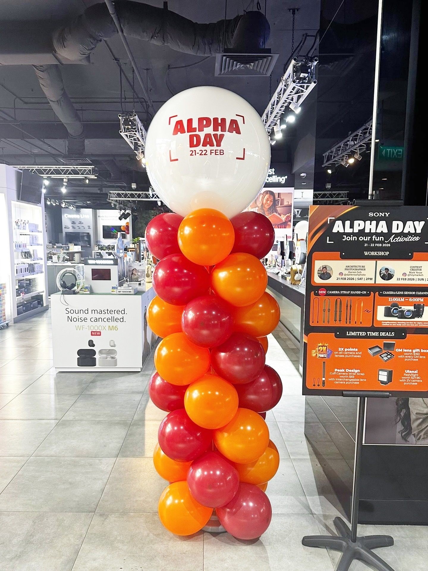 Custom-printed balloon column for Sony Alpha Day retail event in Singapore