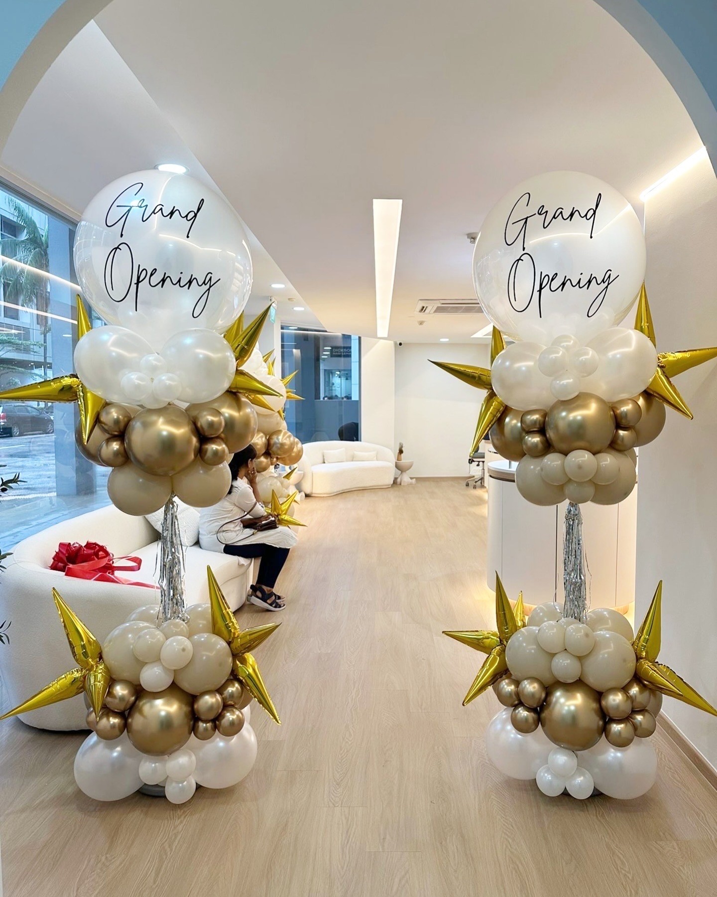 Grand opening gold and white balloon columns decoration Singapore