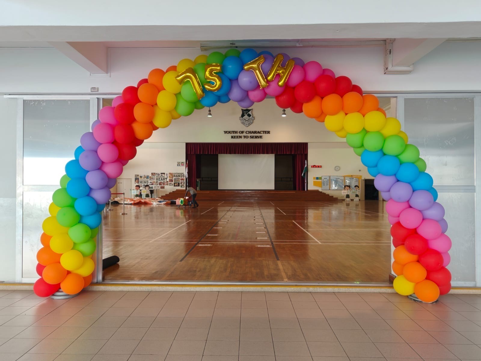 Rainbow balloon arch balloon decorations Singapore for school 75th anniversary celebration