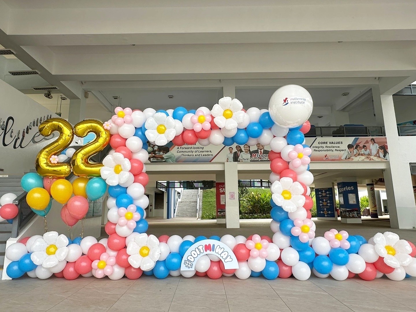 Balloon flower photo frame for school anniversary balloon decorations Singapore