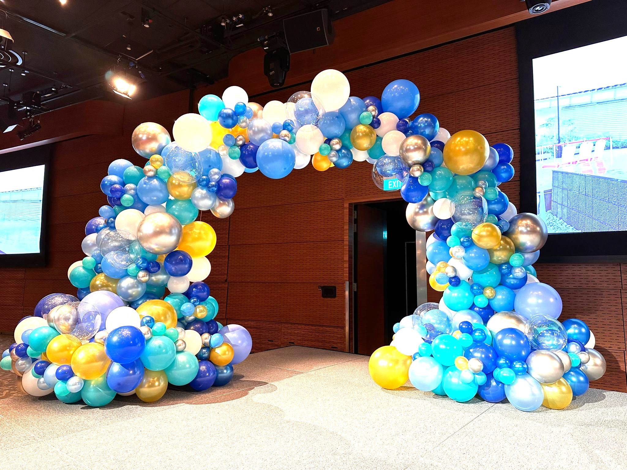 Blue and gold organic balloon arch corporate event balloon decorations Singapore