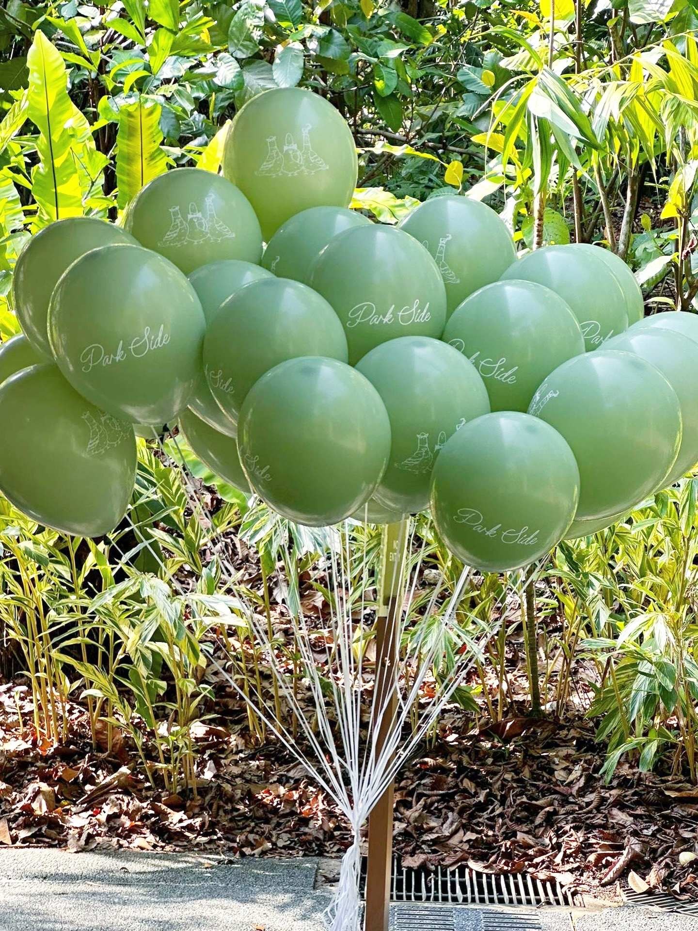 Custom printed sage green helium balloons at outdoor event Singapore