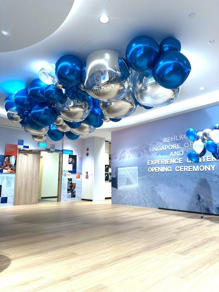 Blue silver ceiling balloon cluster corporate opening ceremony Singapore