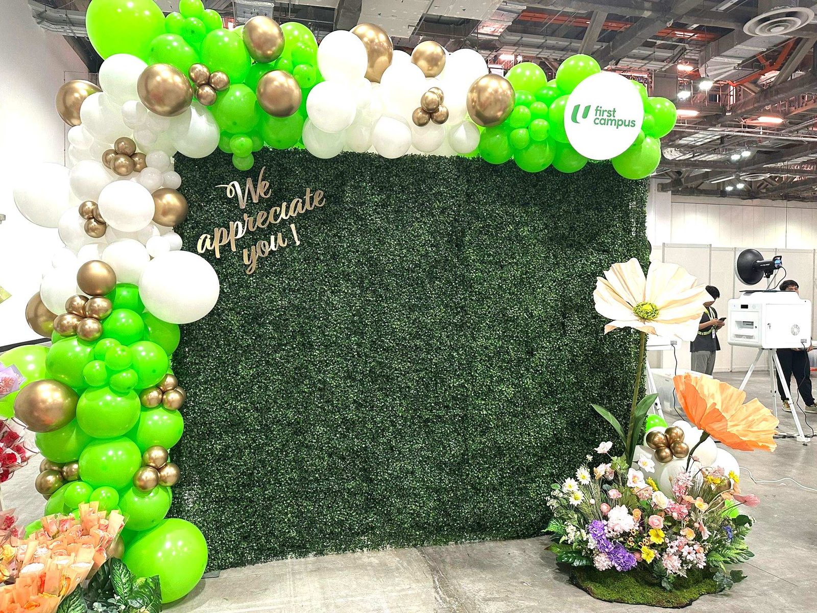 Green white gold balloon garland greenery backdrop corporate event Singapore