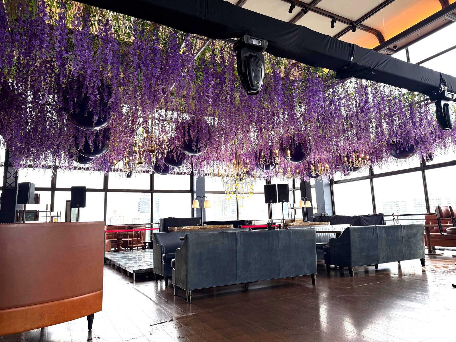 Hanging wisteria floral balloon ceiling decor event Singapore