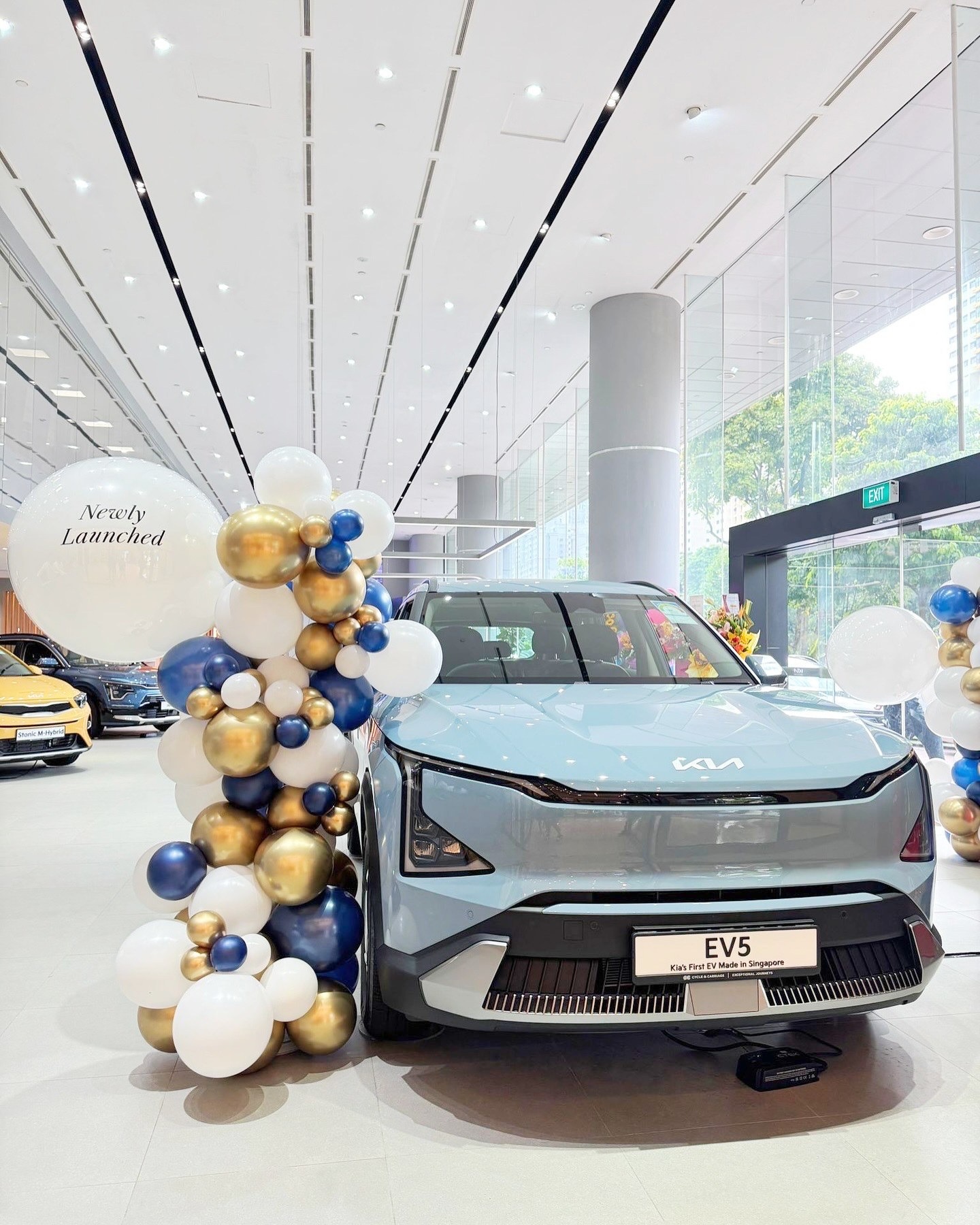 Navy white and gold organic balloon pillar beside a showroom car